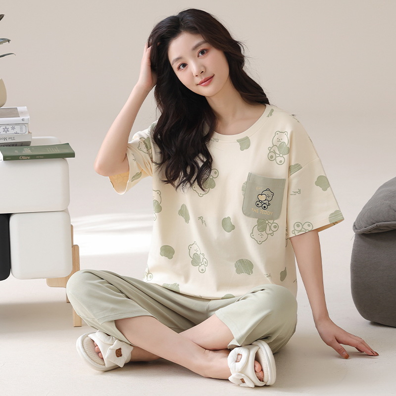 夏季精梳棉睡衣女短袖七分裤胸垫套装夏天可爱休闲圆领家居服女士