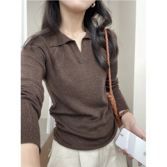 韩系polo领针织长袖打底衫女秋冬新款v领简约设计感显瘦收腰上衣
