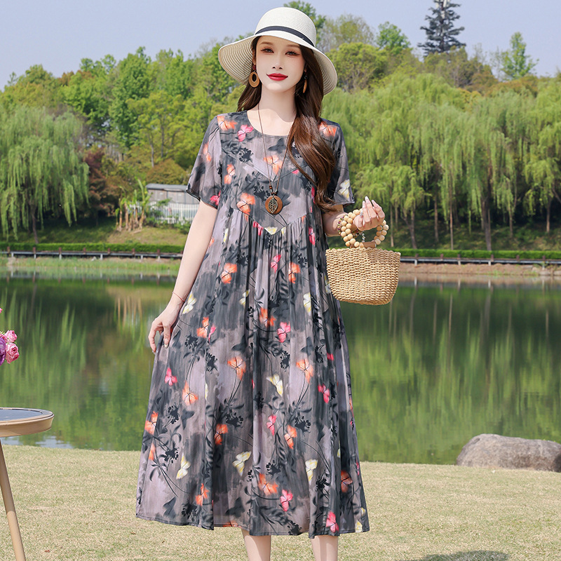 新しい夏のハイエンドコットンシルクドレス女性のミッドレングスファッショナブルなアウターウェア人工綿花柄コットンシルクスカート|undefined