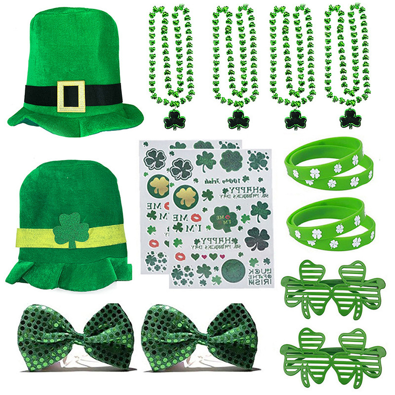 In stock Irish Beard Hat suit St. Patrick's Day glasses Clover glasses tattoo bead chain In stock Irish Beard Hat suit St. Patrick's Day glasses Clover glasses tattoo bead chain