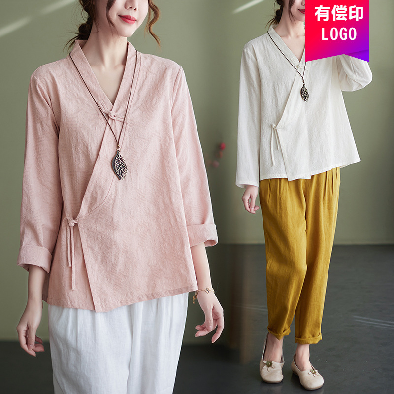 文学禅中国風漢服綿と麻茶服中国風ジャカードレトロバックル唐スーツ改良されたチャイナドレストップ|undefined