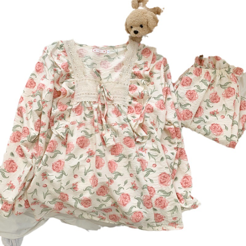 Pequeño floral Rosa otoño y el invierno nuevo pijamas de las mujeres tejidas algodón fresco manga larga dulce encaje hogar desgaste traje