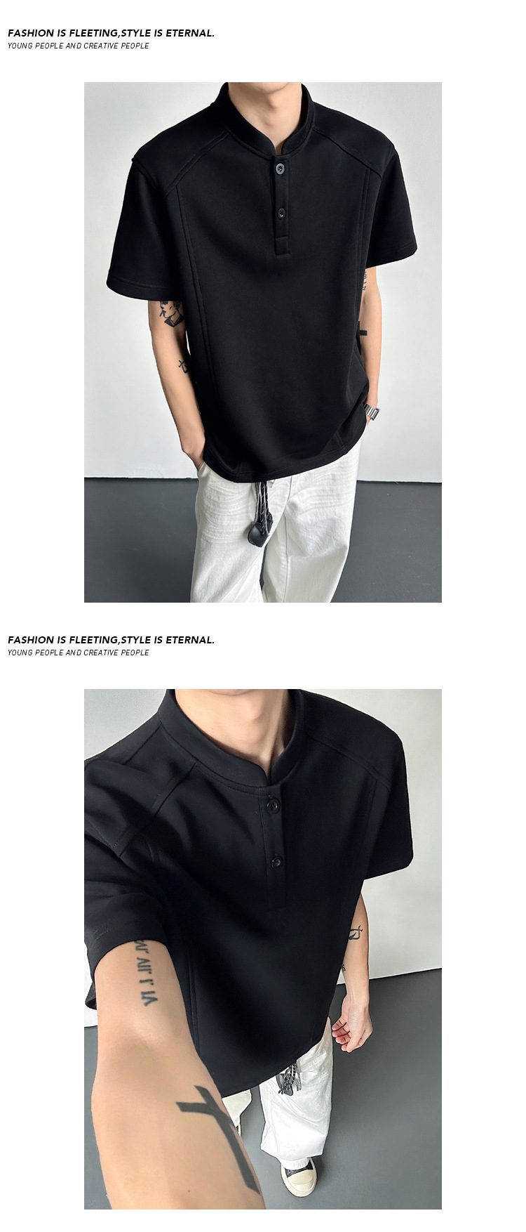 T-shirt da uomo high street con collo alla coreana casual top_voghion.com