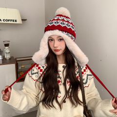 东北帽子女冬季加绒加厚保暖毛线帽户外出游显脸小护耳防寒帽