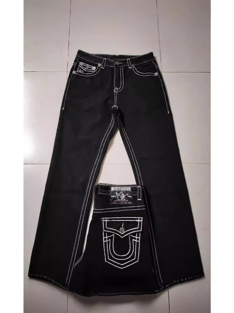 Comercio electrónico transfronterizo American High Street Trendy Brand Jeans White Líneas gruesas Big Buddha Religion Pantalones casuales rectos Hombres