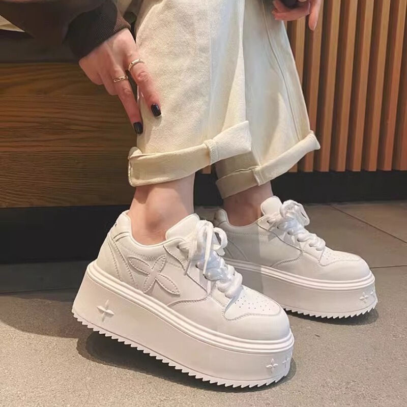 Thick-Soled Genuine Leather Round-Toe White Shoes for Women 2025 Spring New Platform Sole Heightening High-Heeled Lace-Up Casual Sneakers for Women Thick-Soled Genuine Leather Round-Toe White Shoes for Women 2025 Spring New Platform Sole Heightening High-Heeled Lace-Up Casual Sneakers for Women