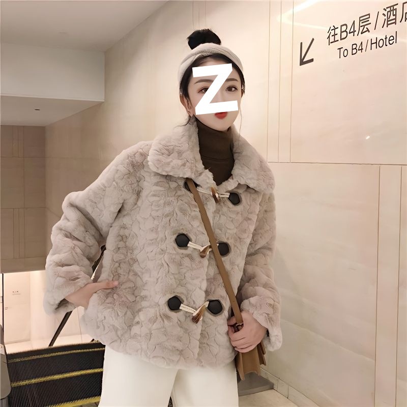 2025秋冬新款羊羔毛仿皮草外套女短款韩版翻领牛角扣显瘦加棉上衣
