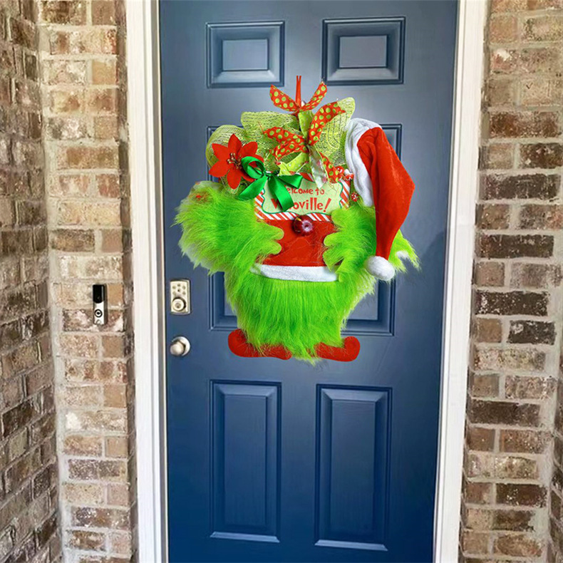 Ön kapı çiçek çelengi, Grinch yeşil kürk canavar tarzı simülasyon Noel dekorasyonu asılı süs_voghion.com