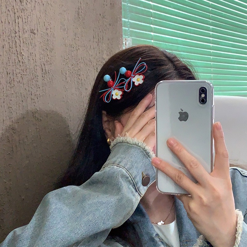Korean Dongdaemun Sweet Red And Blue Color-Block Flower Bow Bangs Clip For Girls Tie Hairpin Hair Accessory_voghion.com