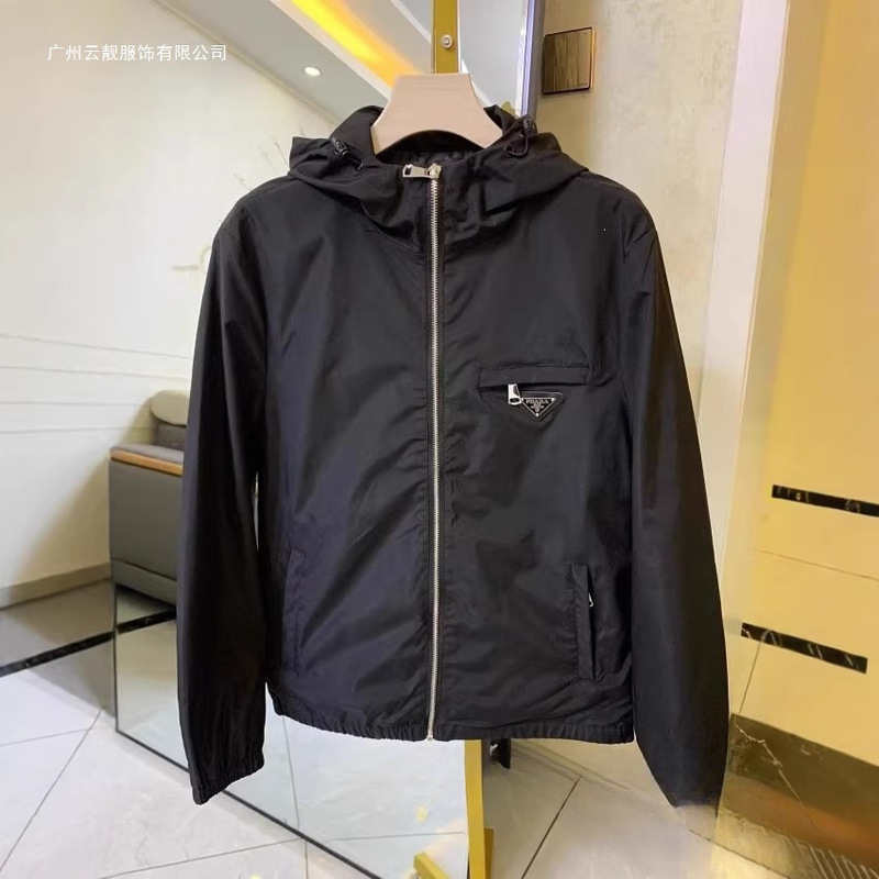 European-Style Spring and Autumn New Metal Triangle Logo Hooded Jacket Slim Fit Men's Casual Jacket Black White