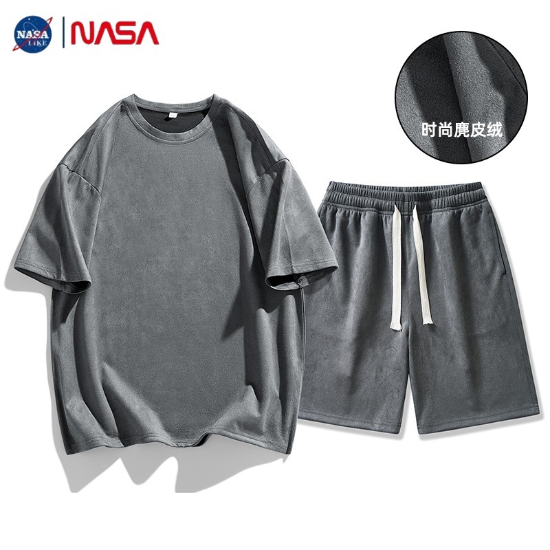 NASA Summer Suede Men's Casual Short-sleeved Shorts Suit Loose Sports Trendyy Retro High-end Set