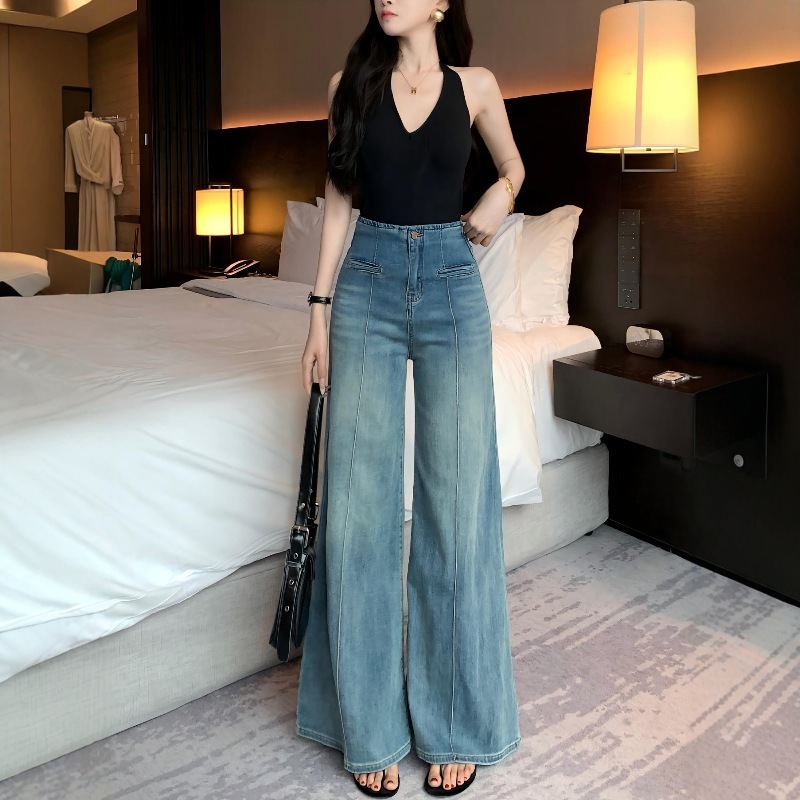 气质线条高腰阔腿牛仔裤女2025夏季新款宽松百搭遮肉休闲垂感长裤|undefined