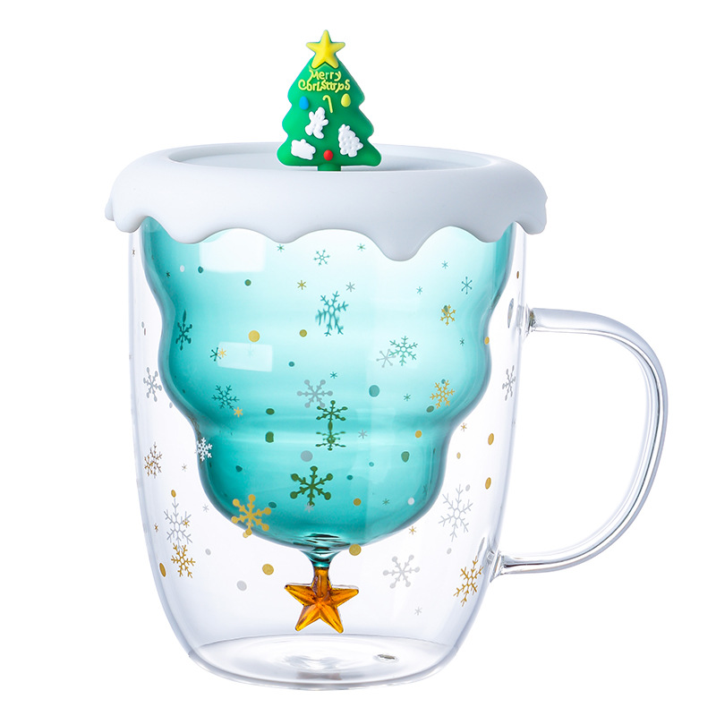 Taza de Navidad con aislamiento térmico de doble capa Taza de café con tapa Taza de vidrio de borosilicato al por mayor Taza de vidrio de alto valor resistente a altas temperaturas