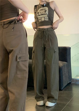 實拍 韓版女式簡直筒抽繩復古大口袋美式卡機顯瘦工裝褲熱女