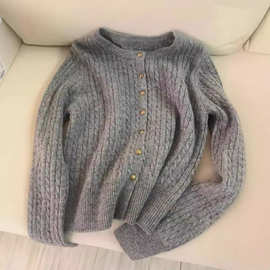 100%纯羊毛绞花圆领女麻花时尚休闲气质针织开衫毛衣秋冬外套