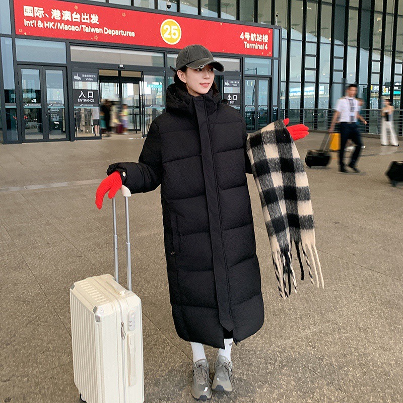 스포츠 면 코트, 여성용 무릎 길이의 두꺼운 다운 면 코트, 겨울 훈련 및 예술 시험 후드 면 패딩 재킷, 면 코트