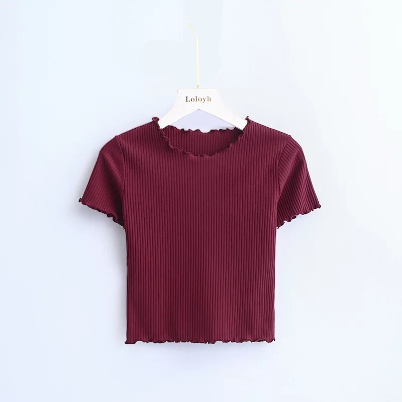 Verano camiseta de hielo de manga corta de punto de tela delgada de la mujer de cintura alta cintura corta ombligo de la clavícula delgada