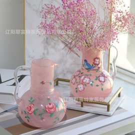 中古芬顿奶油田园风吹制玻璃彩绘花手绘粉色花瓶带把手插花瓶水壶