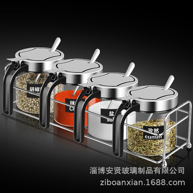 Condimento botella traje de acero inoxidable caja de condimentos de vidrio frasco de sal con cuchara combinación de cocina grande a prueba de humedad