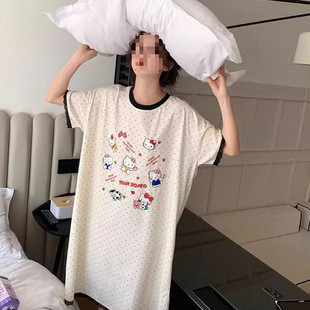 2025 New Summer Cute Kt Printed Short-Sleeved Pajamas for Women, Sweet Mid-Length Nightgown, Home Clothes That Can Be Worn Outside