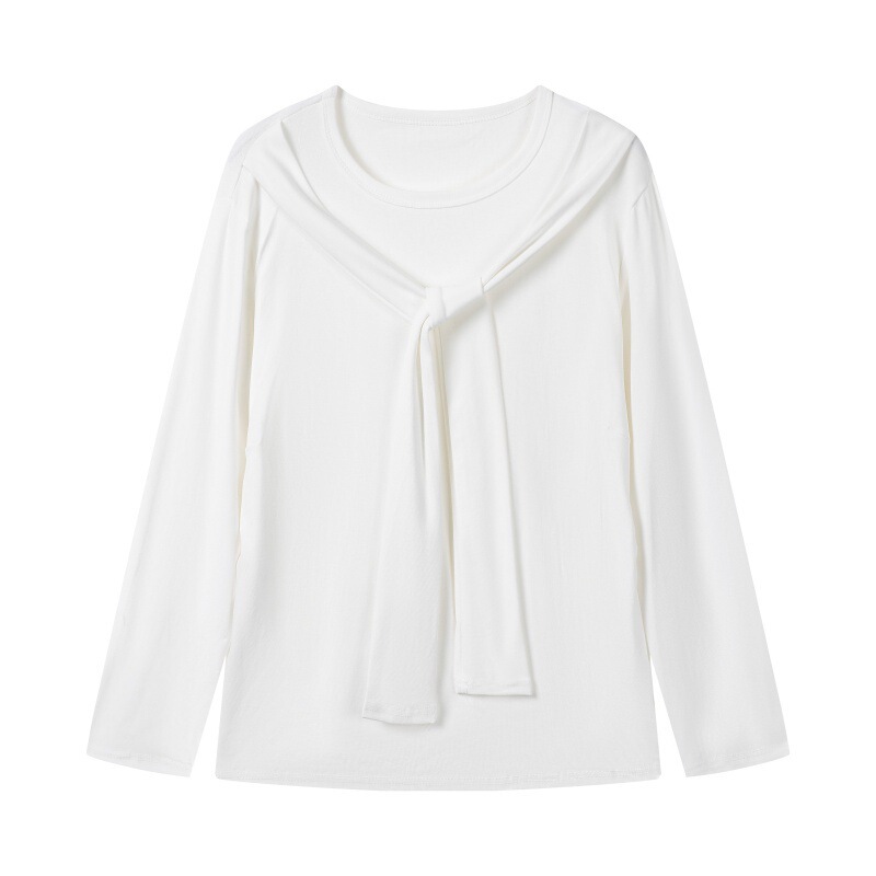 Korean Style Plus-Size Women's Top with a Unique Design, Faux Two-Piece Shawl, Tie-Up Round Neck T-Shirt, Loose Fit