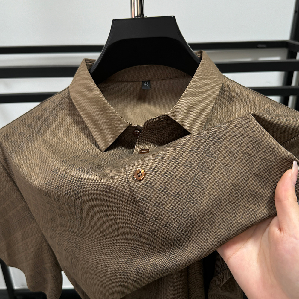 Summer seamless ice silk POLO shirt men's high-end fashion printed short sleeve T-shirt led casual loose men's middle-aged