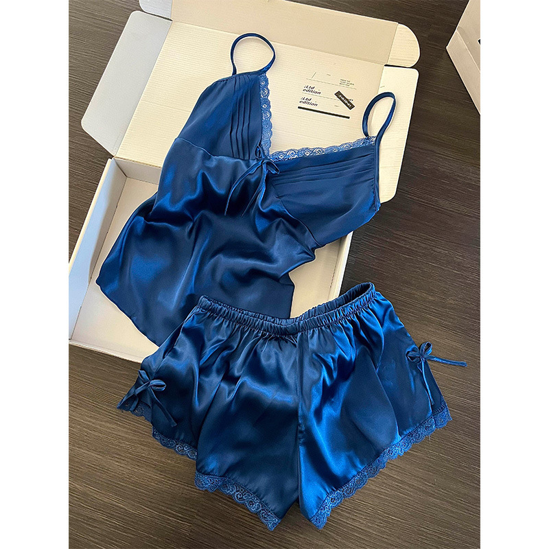 High-End Style Mature Blue Satin Ice Silk Pajamas for Women 2026 New Summer Comfortable Camisole Shorts Home Set High-End Style Mature Blue Satin Ice Silk Pajamas for Women 2026 New Summer Comfortable Camisole Shorts Home Set