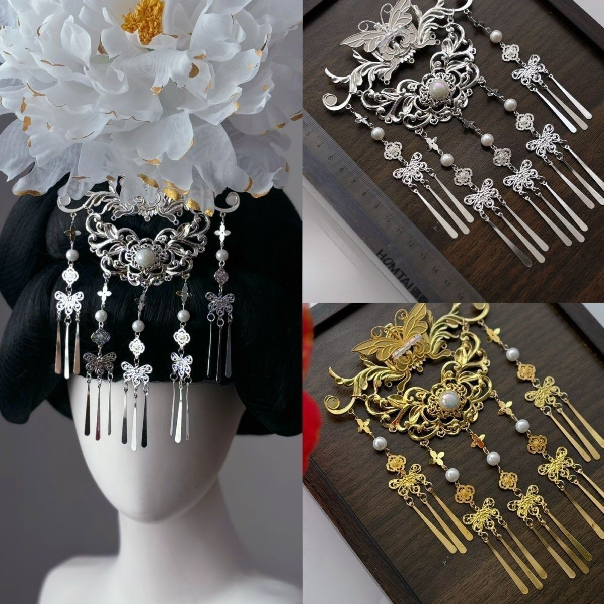 Ancient style versatile Tang dynasty tassel hair crown, gold and silver cool headpiece, elaborate Hanfu hair accessories