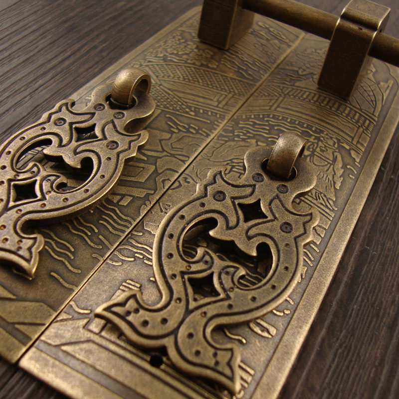 Chinese-Style Landscape and Figure Antique-Style Top Box Cabinet Bookcase Copper Hardware Set Furniture Hinge Handle Small Set