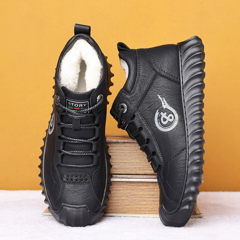 2022 новые мужские туфли из воловьей кожи из хлопка, теплая обувь на флисовой подкладке, утолщенная хлопковая обувь с высоким берцем, Нескользящие зимние сапоги, мужские кожаные ботинки