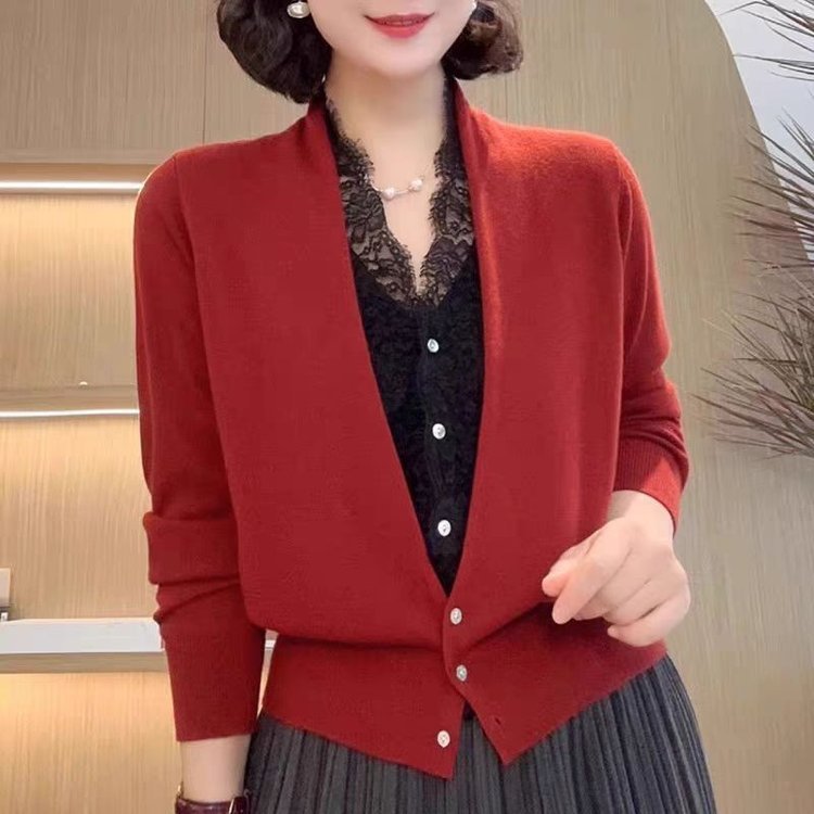 一件代发2025早春新品年轻妈妈洋气春装蕾丝假两件打底针织衫上衣|undefined
