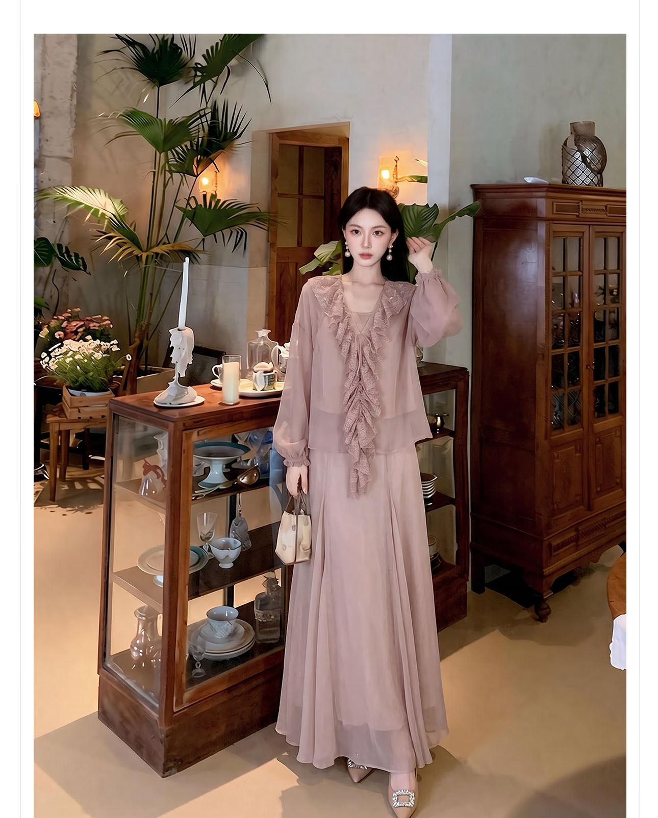Bộ váy áo sơ mi nữ tay bèo ren + chân váy chữ A xòe phong cách tân cổ điển — Trang chủ, bộ đồ, nửa váy chi tiết 10