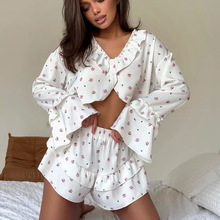 欧美跨境批发女装荷叶边印花长袖短裤套装女纯欲风舒适透气两件套