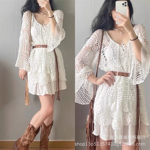 Thailand Vacation Long Sleeve Lace Tunic with Lace-up Hook and Loop Loose Spa Outerwear Knit Cover 