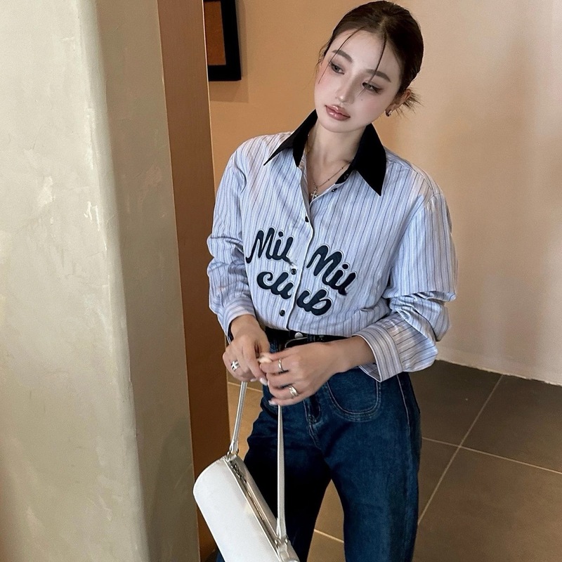 MIU系立体刺绣条纹拼接领子长袖衬衫短款减龄设计百搭宽松衬衣|undefined