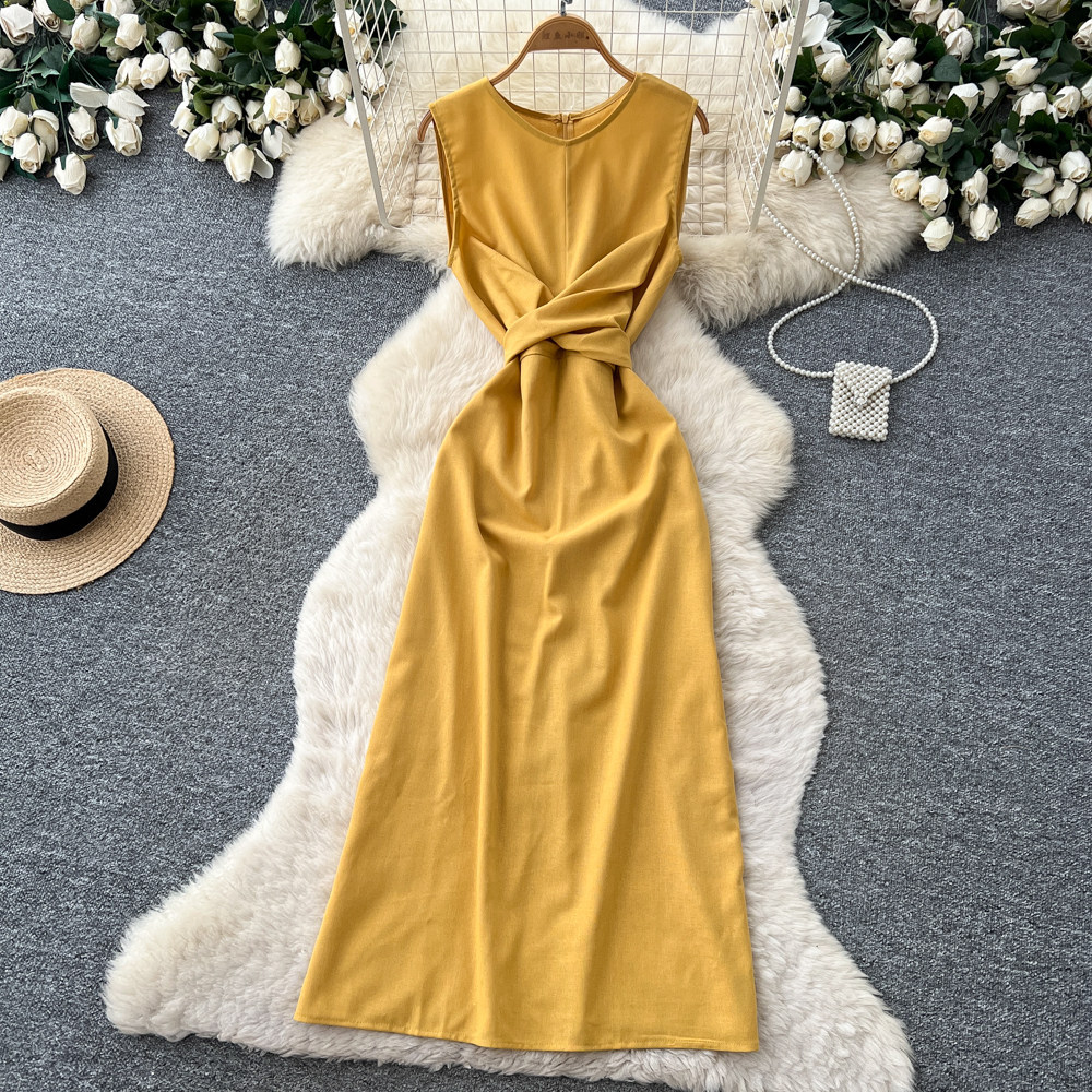 Elegant Sleeveless Round Neck Dress Style Summer Asymmetrical Long Dress With Scarf And Slit Sophisticated Tie Waist For Commuting_ecoleips.com