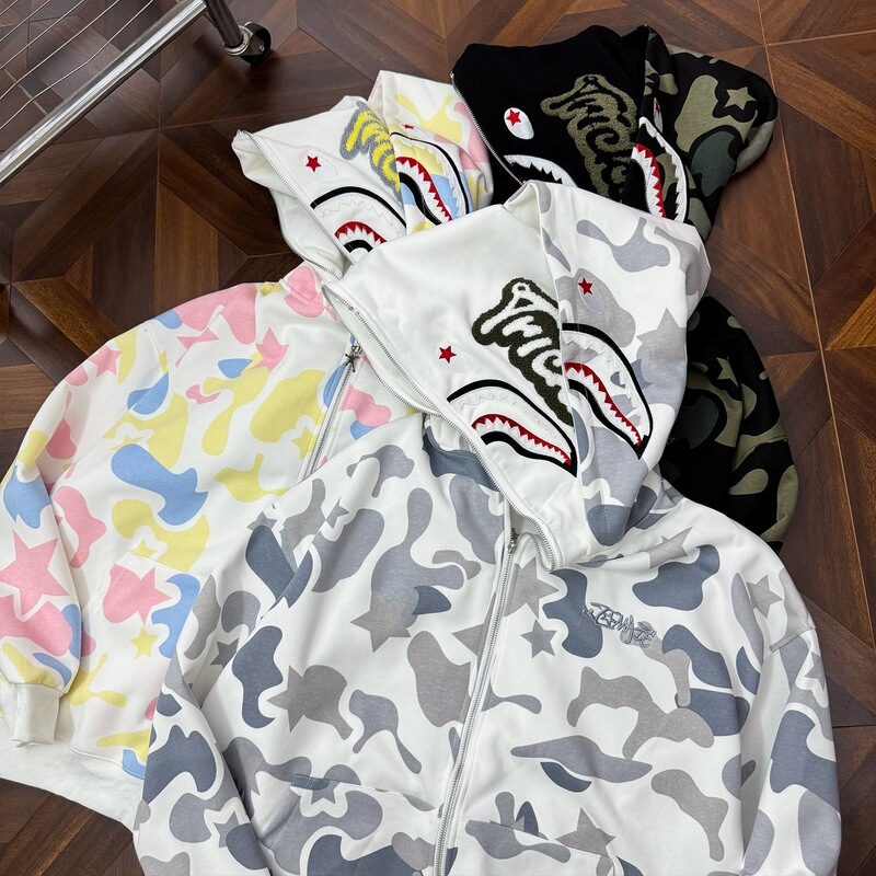 Camouflage Shark Embroidered Double Hooded Sweatshirt for Men and Women, Autumn and Winter Hooded Zipper Cardigan Loose Top Jacket Jacket