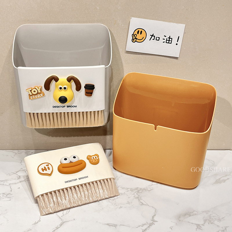 Small Broom and Dustpan Set for Home Desktop Cleaning, Cute Cartoon Sausage Mouth Design, Small Broom with Wall-Mounted Trash Can