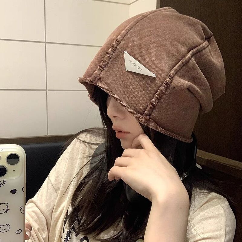 American Style Retro Triangle Metal Label Heap Hat Women's Spring and Autumn All-match Face Small Baotou Cold Hat Loose Black Hat