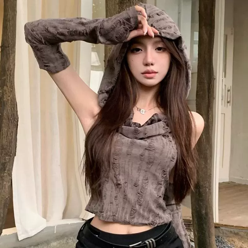 美式复古废土风破洞设计感连帽袖套T恤女夏季背心甜辣妹短款上衣