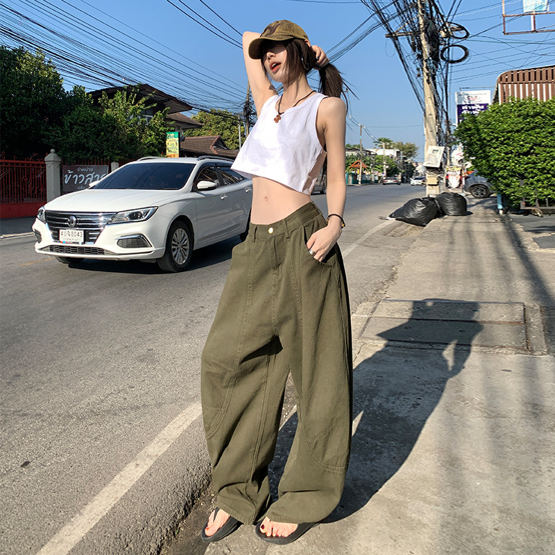 American Military Green Silhouette Scimitar Workwear Jeans for Women, High-Waisted, Loose, Wide-Legged, Lazy Banana Sickle Pants