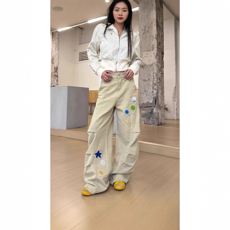 American Retro Starfish Shell Embroidery Pleated Wide-Leg Cargo Pants for Women, Autumn Straight Loose Scimitar Wide-Leg Pants