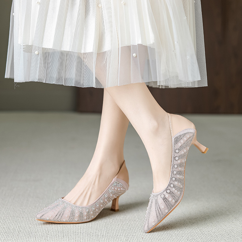 High-End Women's High-Heeled Shoes 2026 New Style Pointed Toe Elegant Shoes to Match Skirts Shallow Mouth Professional Single Shoes with Thin Heels 6681-Es6