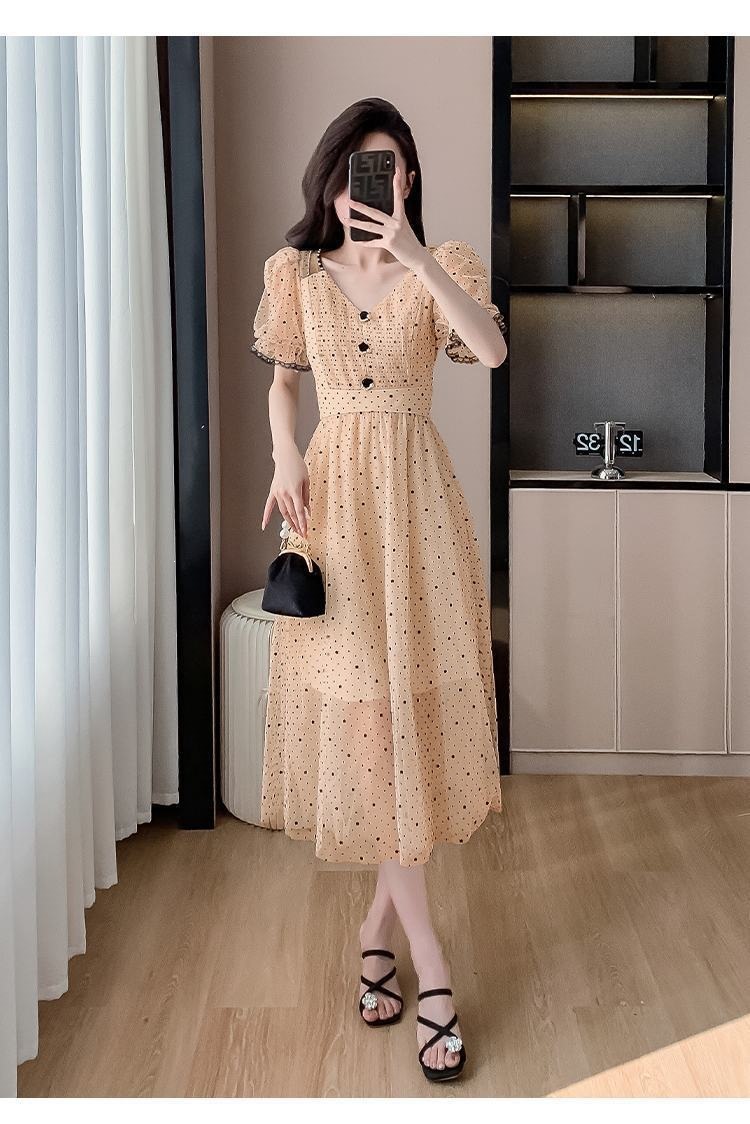 Váy maxi nữ thắt eo chất liệu lưới sóng chấm bi phong cách Pháp — 2808 màu đỏ, 2808 màu vàng, #2290#Quần áo chi tiết 2