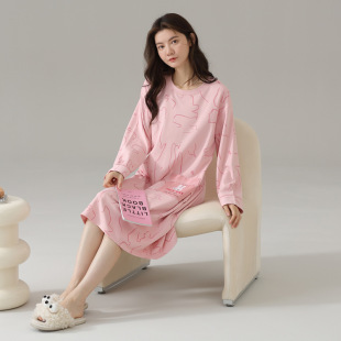 2024 Spring and Autumn New Pajamas Women's Nightgown Cotton Long Sleeve Comfortable Autumn Sweet Outer Wear Home Clothes
