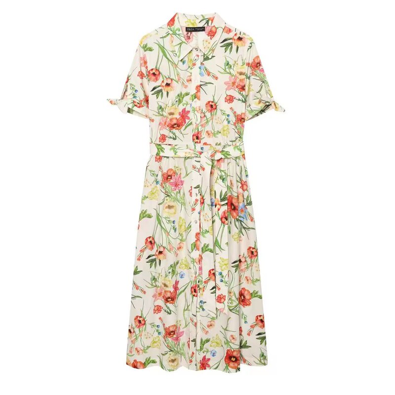 Zg Foreign Trade New Women's Casual Mid-Length Turn-Down Collar Short-Sleeved Waist-Cinching Shirt-Style Dress 1329327 Zg Foreign Trade New Women's Casual Mid-Length Turn-Down Collar Short-Sleeved Waist-Cinching Shirt-Style Dress 1329327