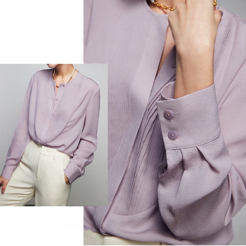 Ready Stock Manufacturer Wholesale Purple Passion Light Retro Round Neck Blouse Slow Craft Accordion Pleated Custom-Spun Ghost Crepe Silk