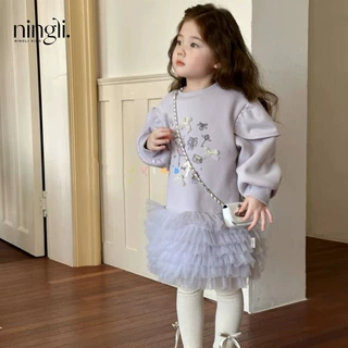 【秋冬新品】紫色芭蕾！柠里女童小童卡通蕾丝花边网纱卫衣裙加绒