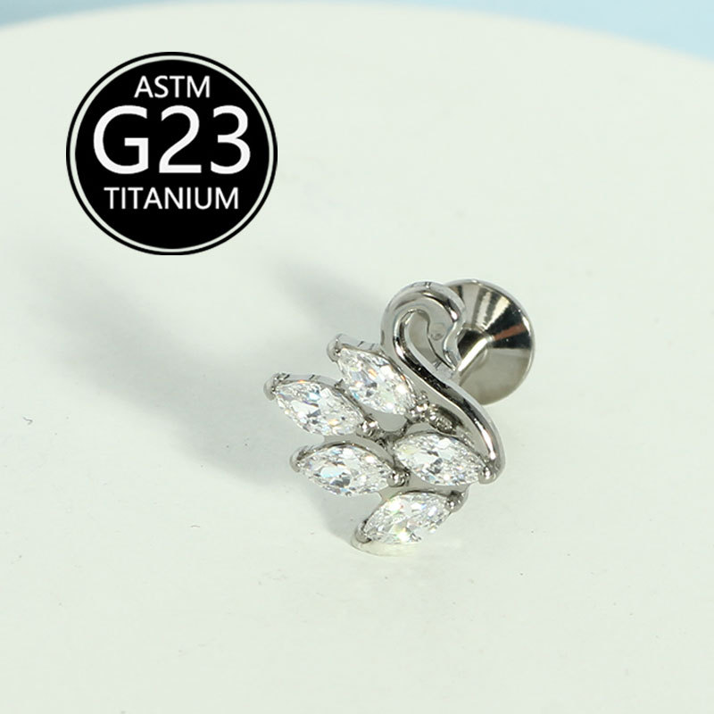 G23 Titanium Swan Internal Thread Lip Piercing with Zircon - Ear Bone & Canal Jewelry Wholesale detail image 6