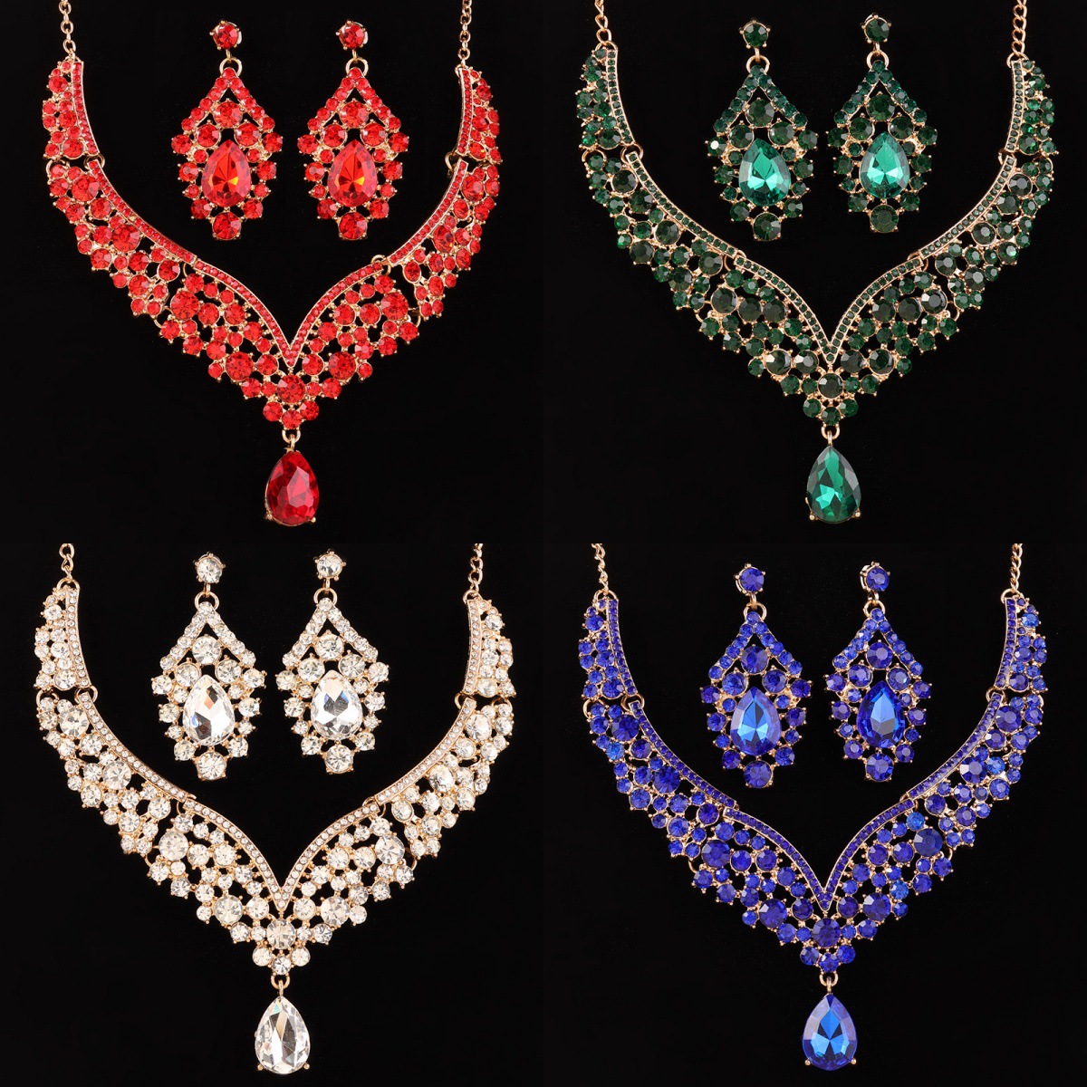 Conjunto de joyería de diamante transfronterizo, collar europeo y americano, pendientes de dos piezas, joyería de diamante de lujo de alto nivel.
